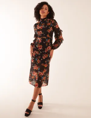 Floral Printed High Neck Midi Dress With Frill Sleeve Details