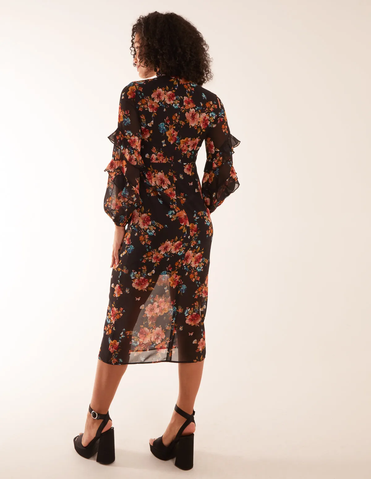 Floral Printed High Neck Midi Dress With Frill Sleeve Details