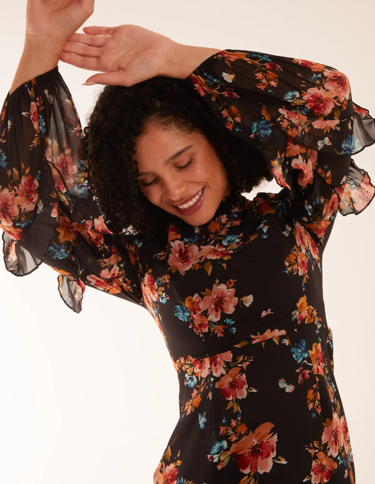 Floral Printed High Neck Midi Dress With Frill Sleeve Details
