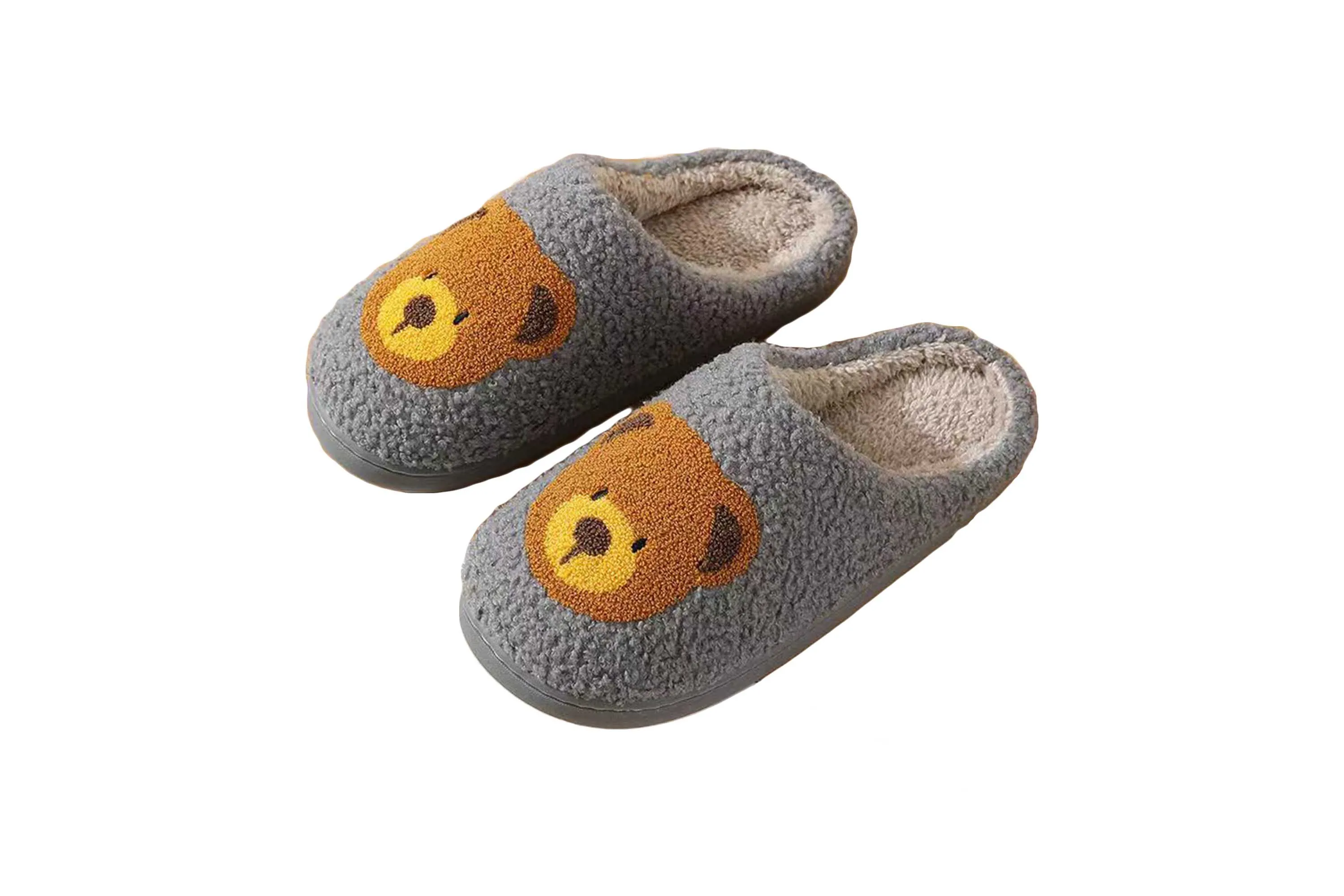 Fun Cute Bear Illustrated Comfort Cozy Plush Fluffy Fur Slip On Cushion Slippers