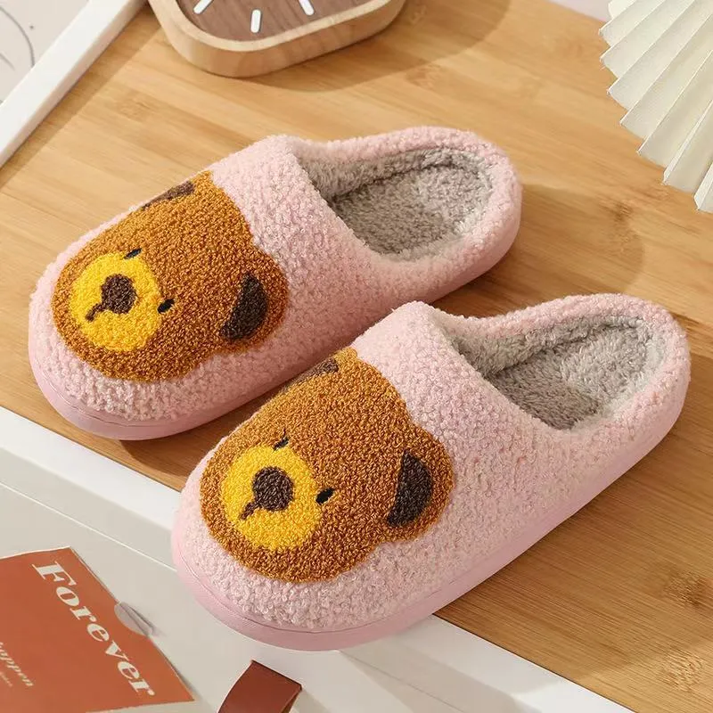 Fun Cute Bear Illustrated Comfort Cozy Plush Fluffy Fur Slip On Cushion Slippers