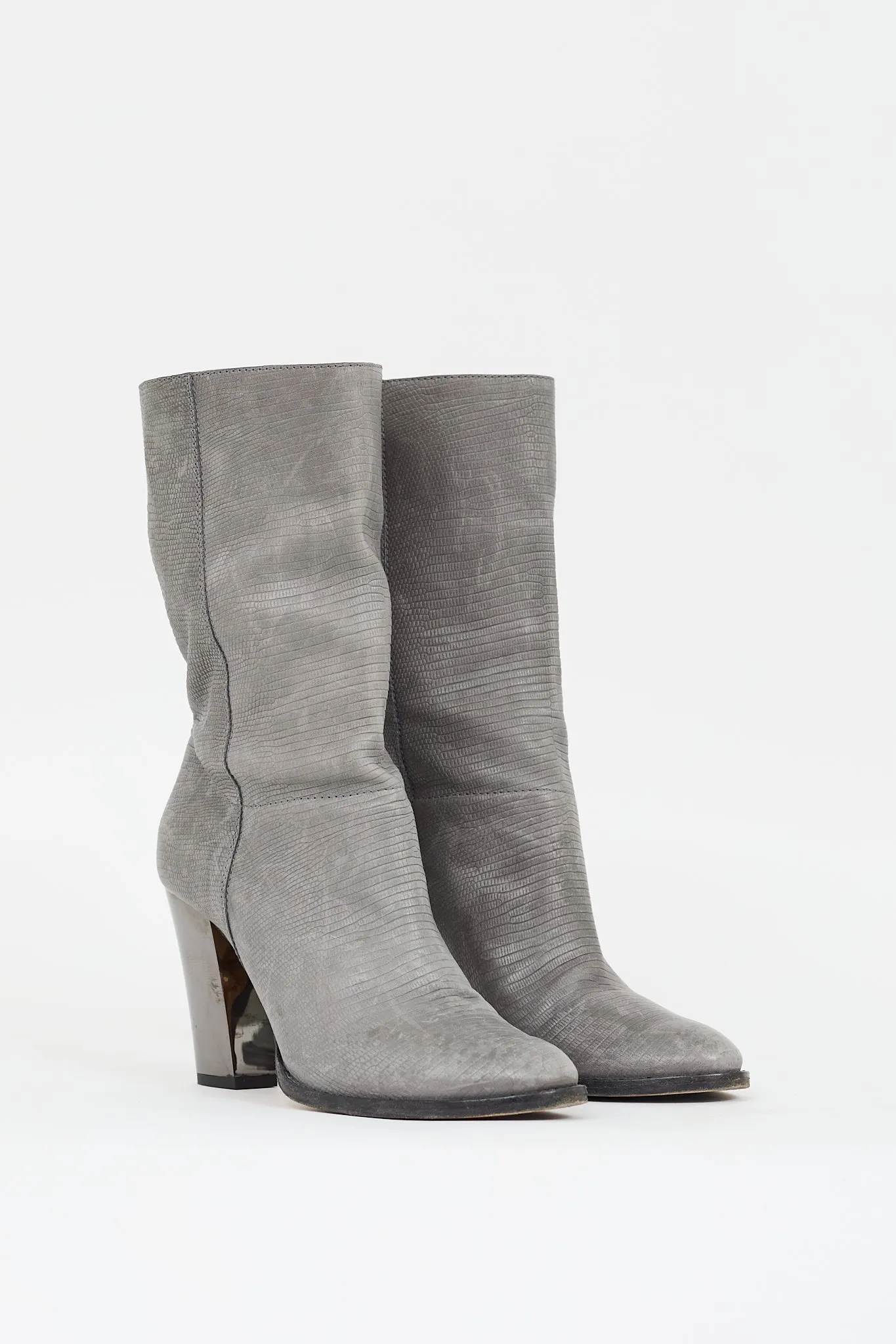 Grey Embossed Leather Heeled Boot