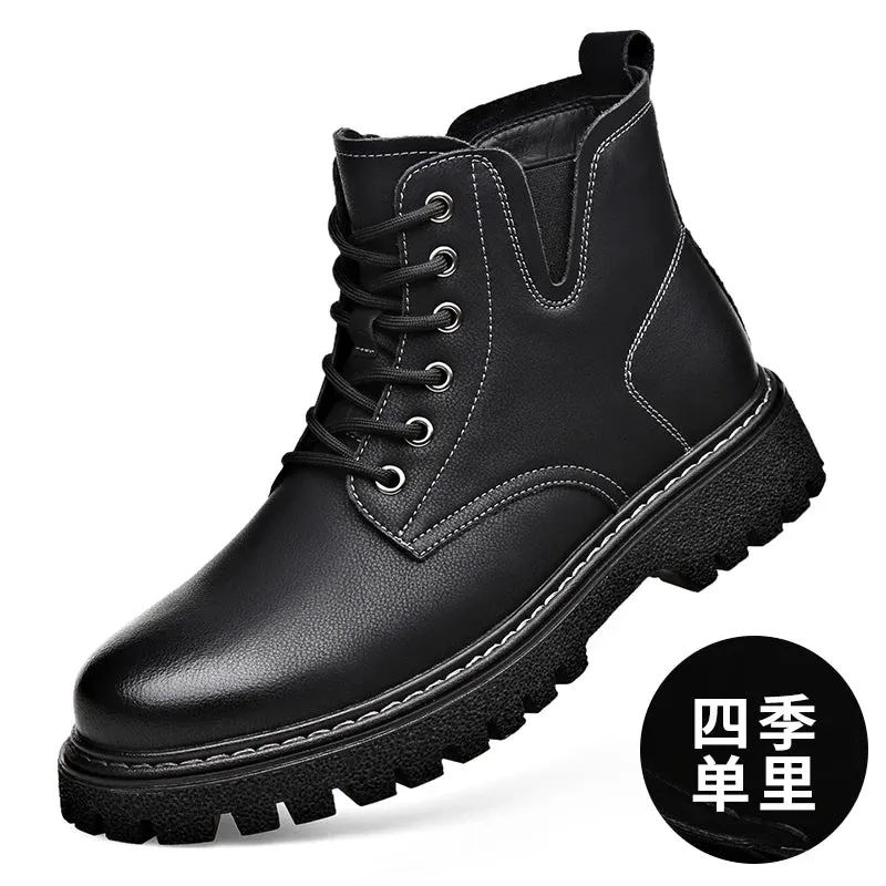 Hnzxzm Workwear Shoes Mens Low Top Outdoor Mid Durable Yellow Boots Thick Soles Big Genuine Leather Retro Martin Boots Cow Tendon Soles