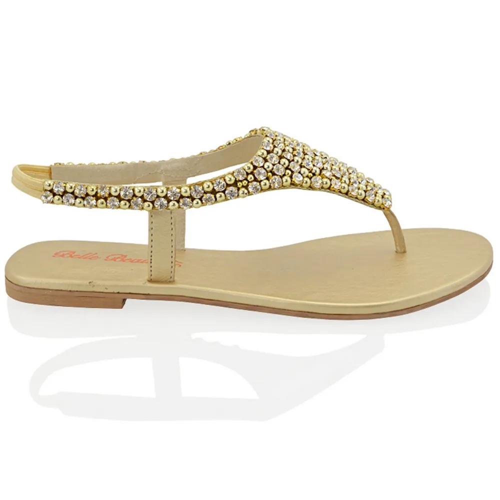 LAUREN DIAMANTE EMBELLISHED TOE POST STRAPPY SLINGBACK SPARKLY FLAT SUMMER SANDALS IN GOLD