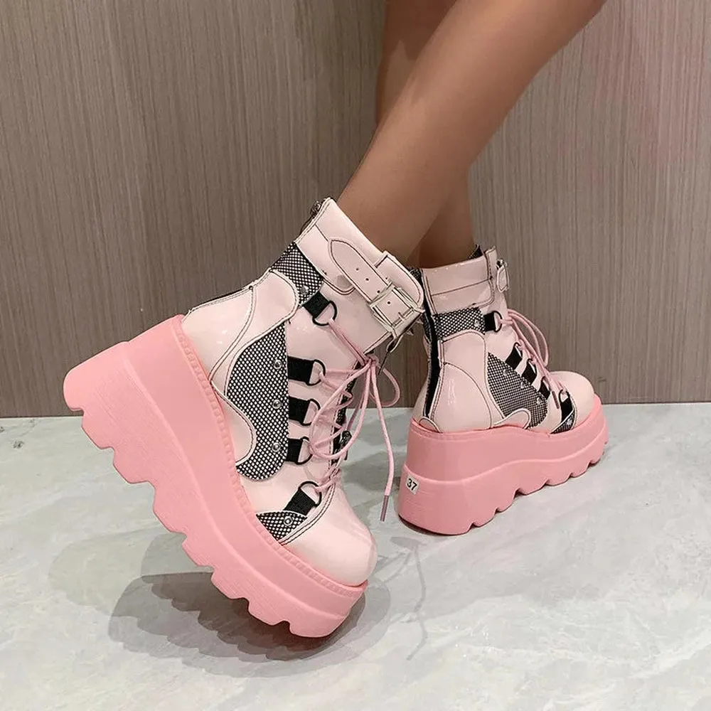 Merendy Cute Motorcycle Platform Chunky buckle and lace-up Ankle Boot