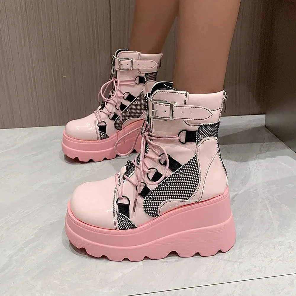 Merendy Cute Motorcycle Platform Chunky buckle and lace-up Ankle Boot