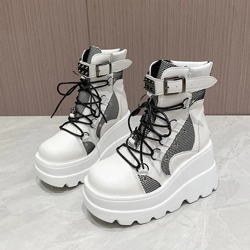 Merendy Cute Motorcycle Platform Chunky buckle and lace-up Ankle Boot