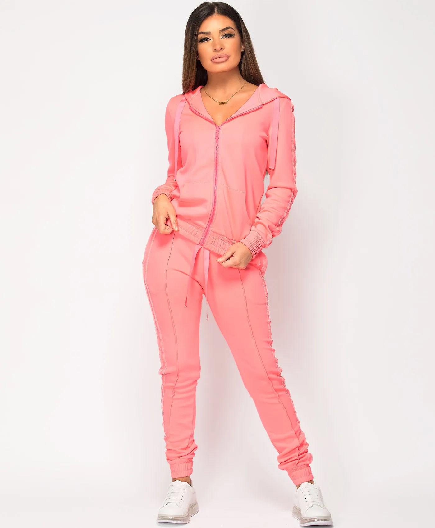 Neon Pink Glitter Side Stripe Hooded Loungewear Set