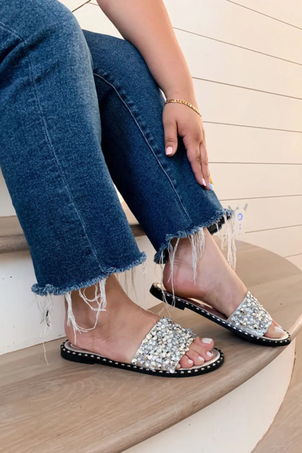 Silver Embellished Sparkly Flat Slider Sandals