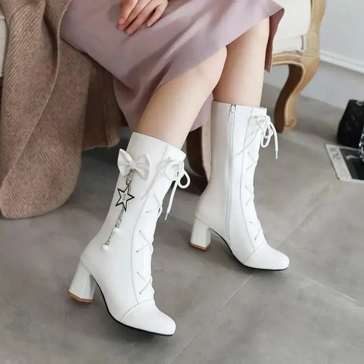 Sohiwoo High-heeled women's high-heeled sweet Lolita bow lace-up women's boots round head plus cashmere keep warm women shoes cute
