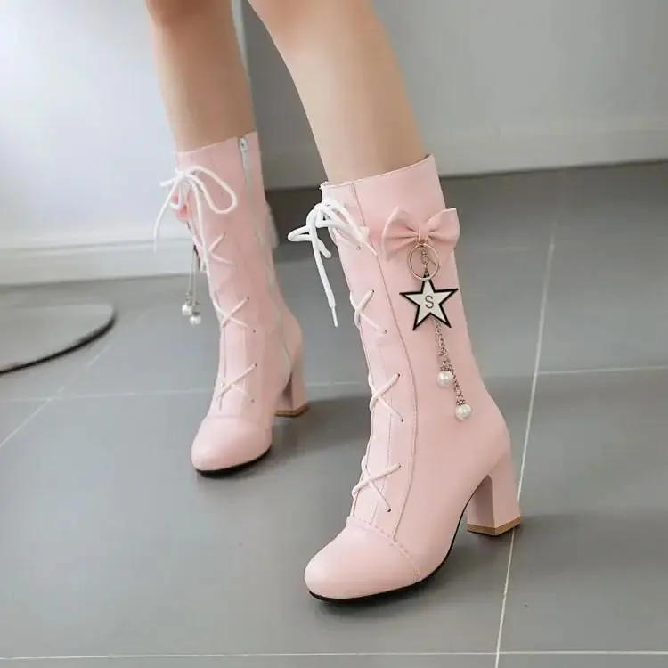Sohiwoo High-heeled women's high-heeled sweet Lolita bow lace-up women's boots round head plus cashmere keep warm women shoes cute