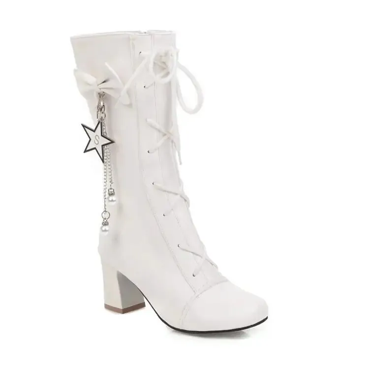Sohiwoo High-heeled women's high-heeled sweet Lolita bow lace-up women's boots round head plus cashmere keep warm women shoes cute
