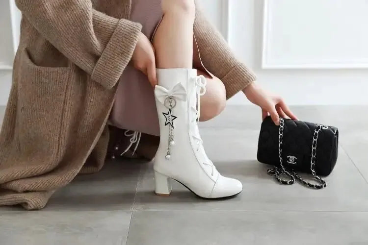 Sohiwoo High-heeled women's high-heeled sweet Lolita bow lace-up women's boots round head plus cashmere keep warm women shoes cute