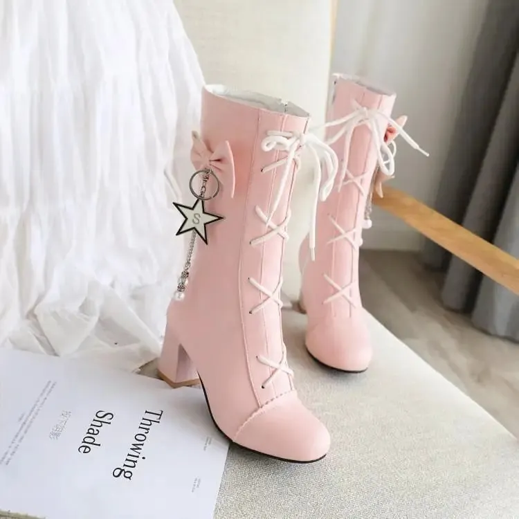 Sohiwoo High-heeled women's high-heeled sweet Lolita bow lace-up women's boots round head plus cashmere keep warm women shoes cute