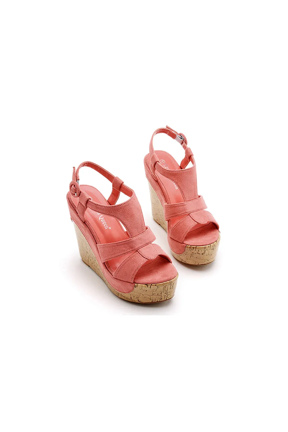 Suede Wood Grain Peep Toe Platform Wedges Sandals