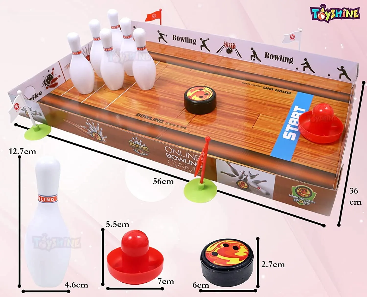 Toyshine Slide and Play Table Bowling Game - Indoor Table Games for Whole Family, Kids and Adults - Portable Set w/ Lane, 6 Pins, 1 Puck, 1 Slider
