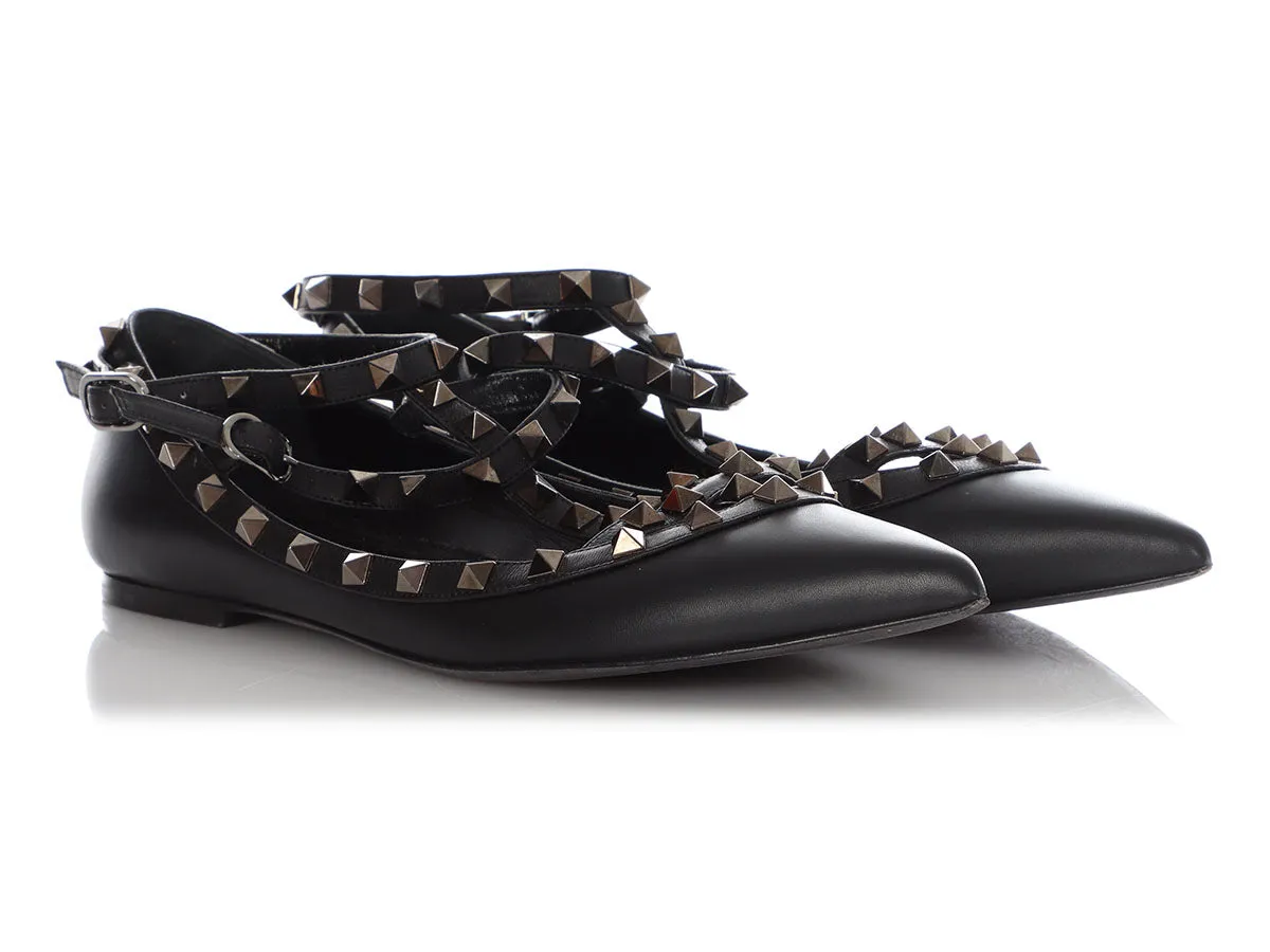 Valentino Black Rockstud Ankle Strap Flats