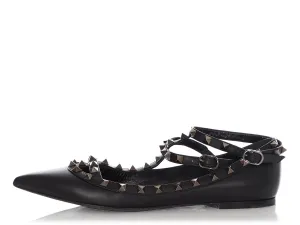 Valentino Black Rockstud Ankle Strap Flats