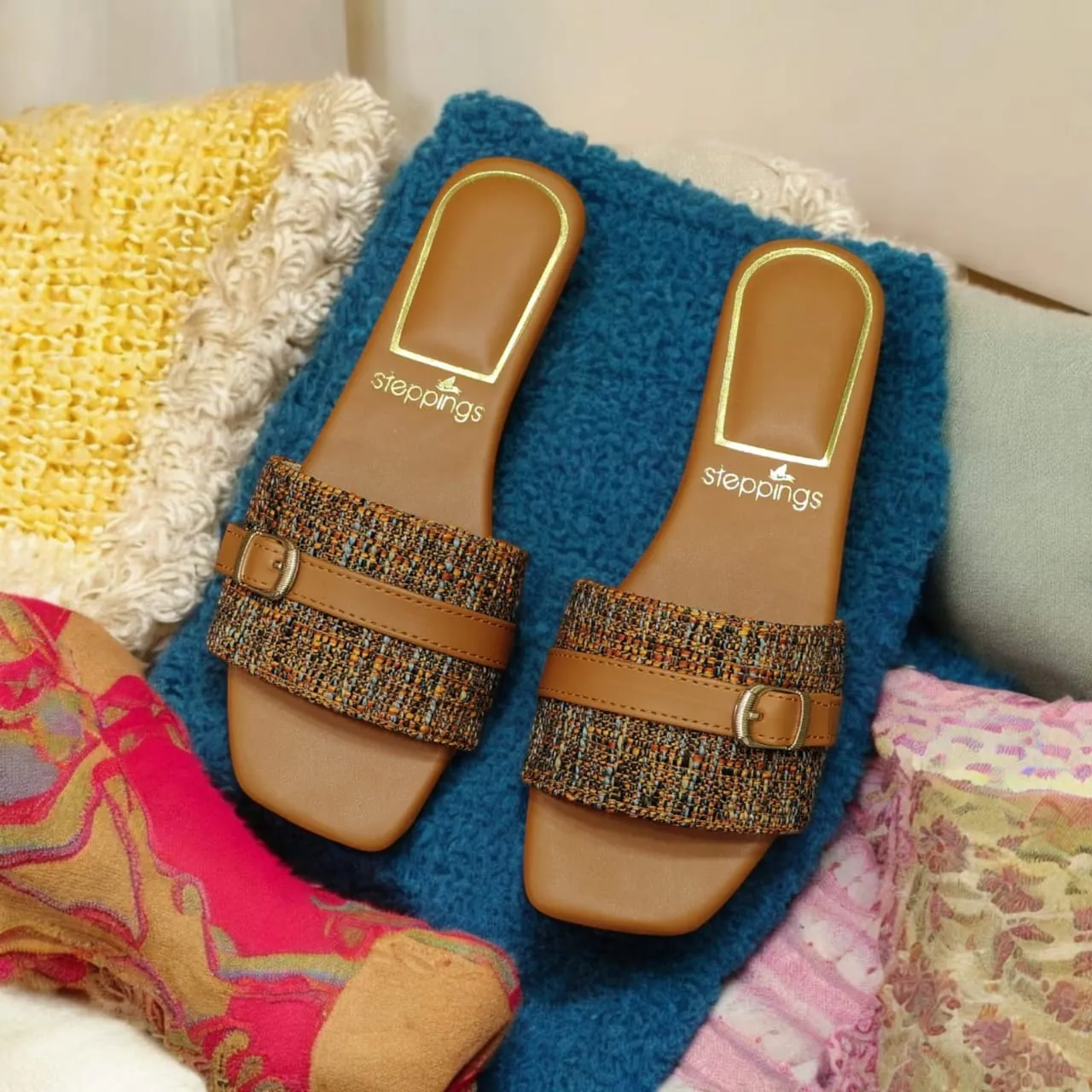 Women Stylishr Brown  Embellished Flat Sandals Brown