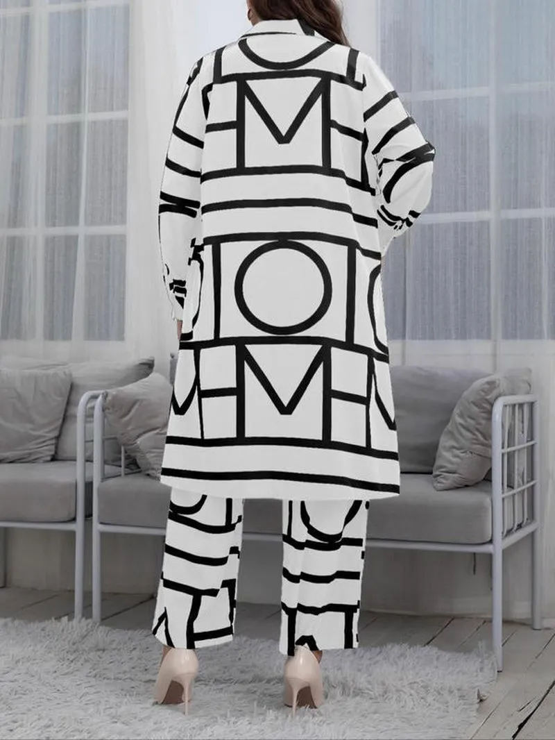 Women'S plus Size Two-Piece Set Geometric Print Long Sleeve Button down Shirt & Wide Leg Pants Set, Two Piece Set Women, National Day Clothing, Summer Outfits 2024, Casual Spring & Fall Clothes for Ladies Outdoor