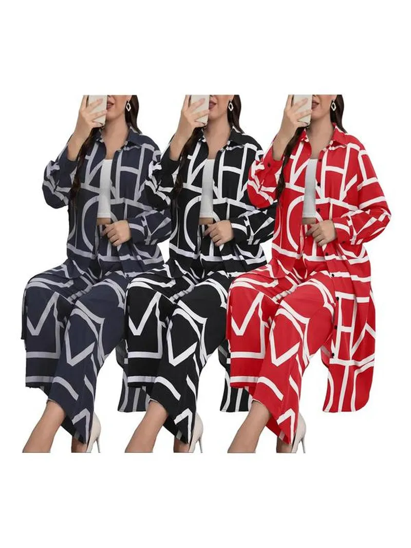 Women'S plus Size Two-Piece Set Geometric Print Long Sleeve Button down Shirt & Wide Leg Pants Set, Two Piece Set Women, National Day Clothing, Summer Outfits 2024, Casual Spring & Fall Clothes for Ladies Outdoor
